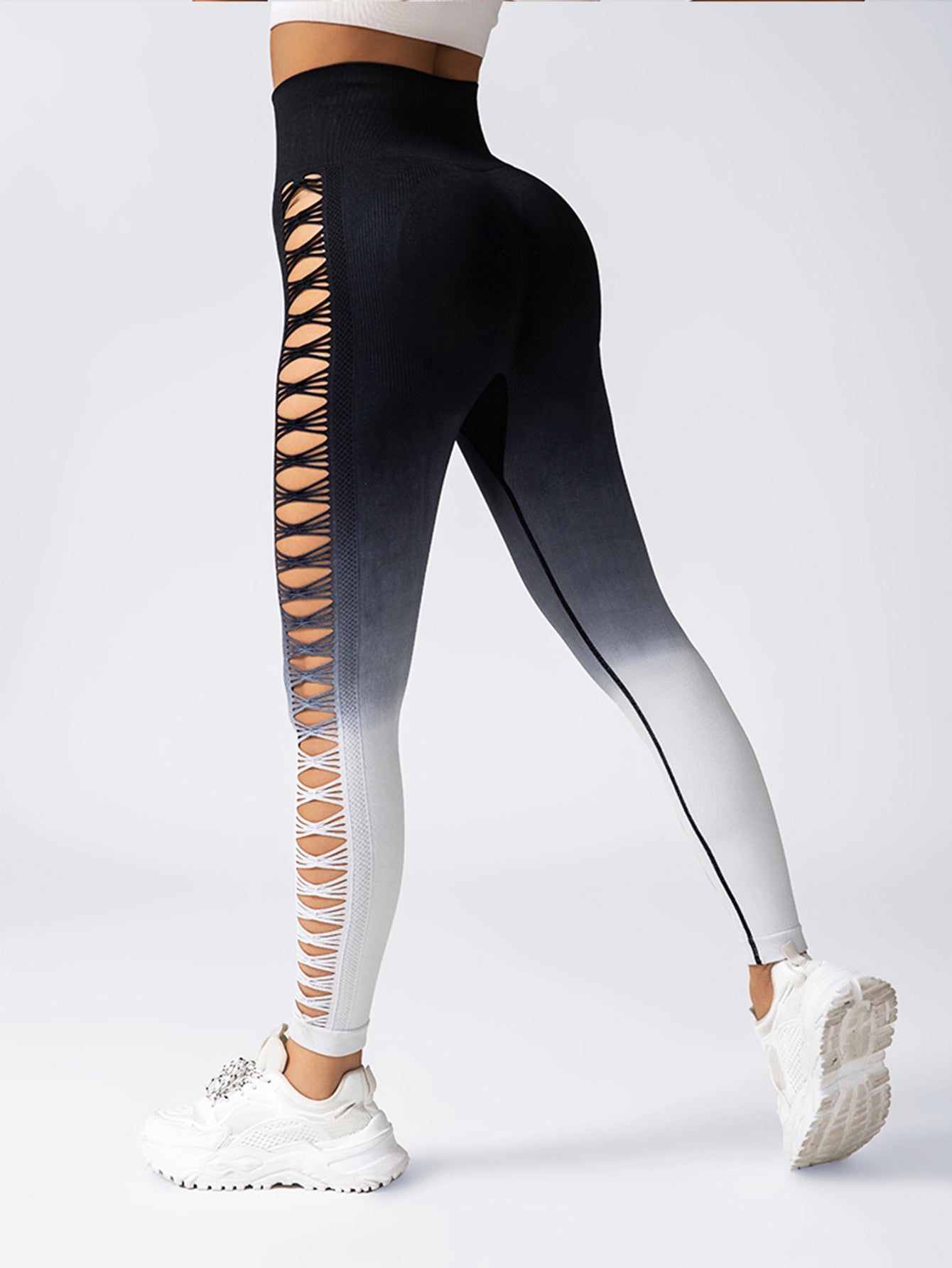 Women's High-Waisted Gradient Yoga Pants, Cutout Leggings, Booty Lifting, Athletic Long Tights For Fitness Workout, Breathable Sportswear